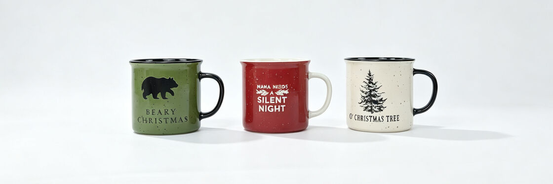 Vintage Speckled Camping Christmas Mugs, Rustic Woodland Deer Bear Tree Snowflake Xmas Coffee Cups, Holiday Cabin Gift Mugs Set