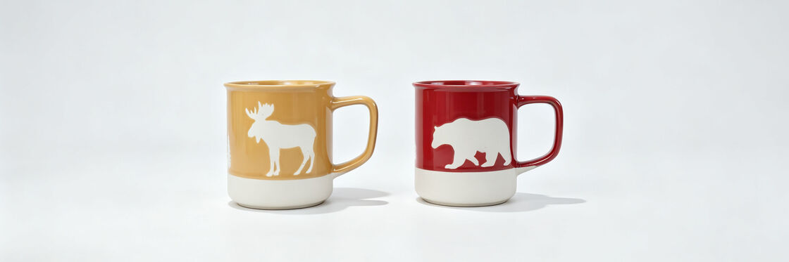 Two-Tone Wildlife Silhouette Ceramic Camping Mugs, Moose & Bear Rustic Cabin Coffee Cups, Mountain Forest Outdoor Themed Drinkware Gift Set