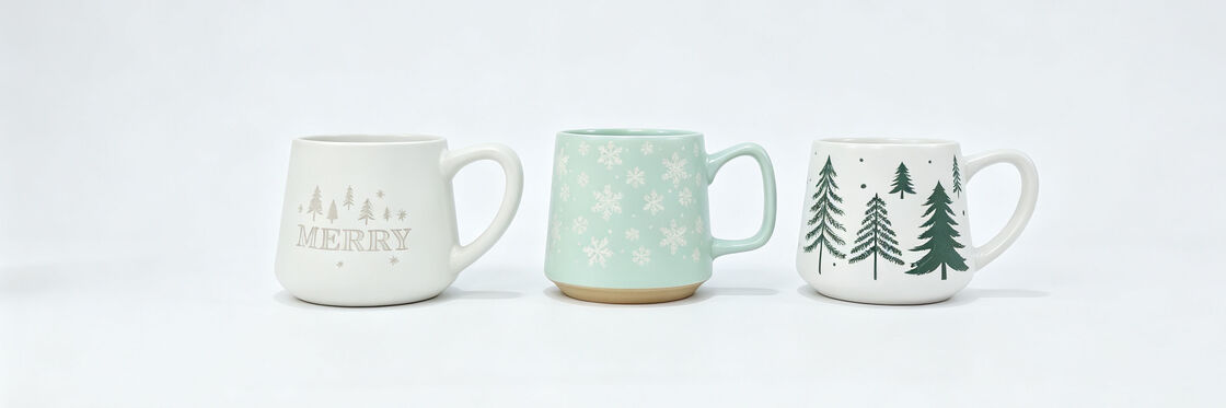 Soft Mint Green Winter Christmas Ceramic Mugs Set, Minimal Pine Tree & Snowflake Holiday Coffee Cups, Merry Xmas Forest Seasonal Drinkware Gift
