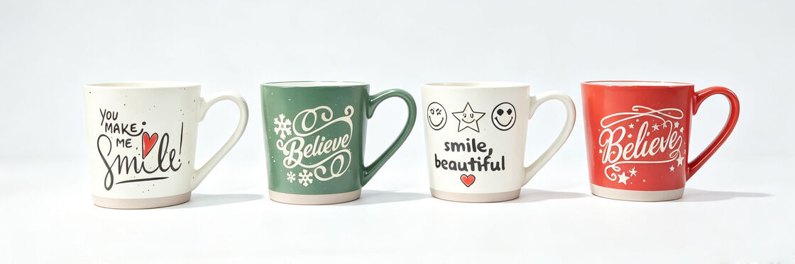 4 Pack Inspirational Positive Quote Ceramic Mugs with Heart Shaped Handles, Believe Christmas Snow Star Holiday Coffee Cups, Speckled Encouragement Gift Mugs Set