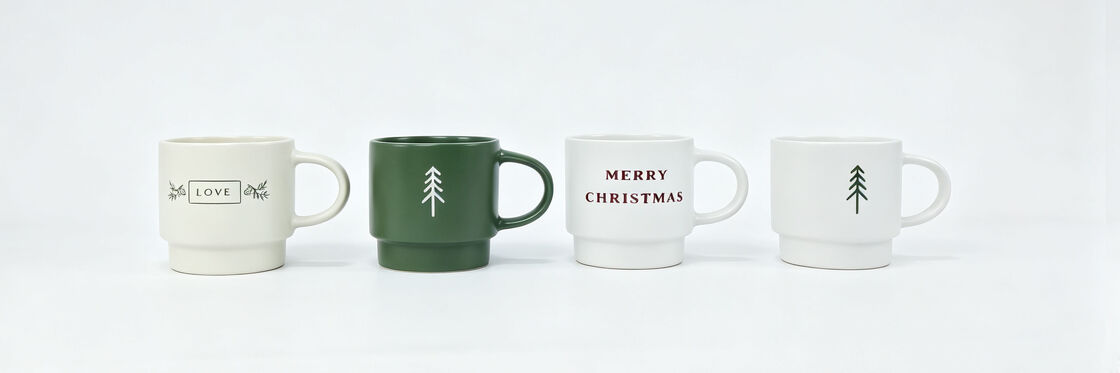4 Pack Minimalist Stackable Christmas Pine Tree Ceramic Mugs, Neutral Farmhouse Merry Christmas Love Holiday Coffee Cups, Simple Winter Forest Drinkware Gift Set