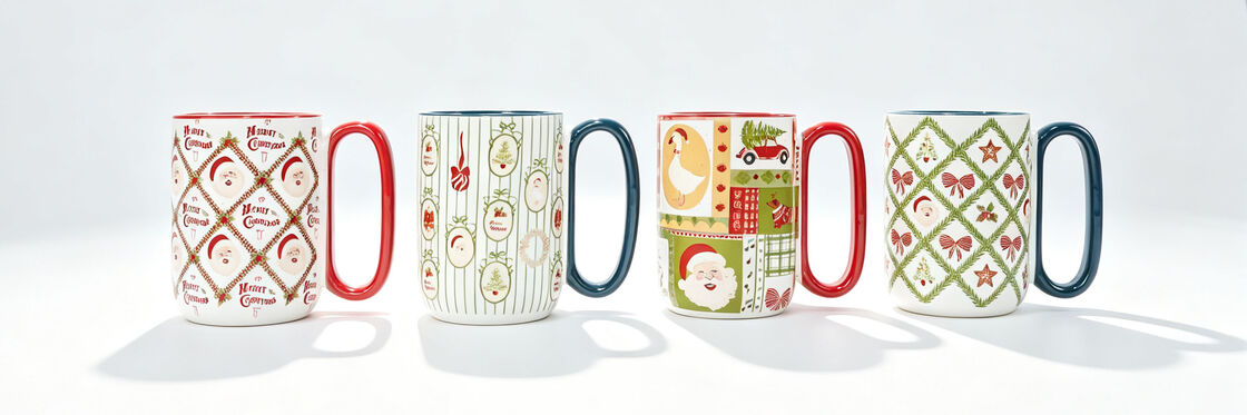 4 Pack Vintage Patchwork Christmas Mugs, Retro Santa Holiday Ceramic Coffee Cups, Classic Farmhouse Xmas Drinkware with Red & Navy Handles