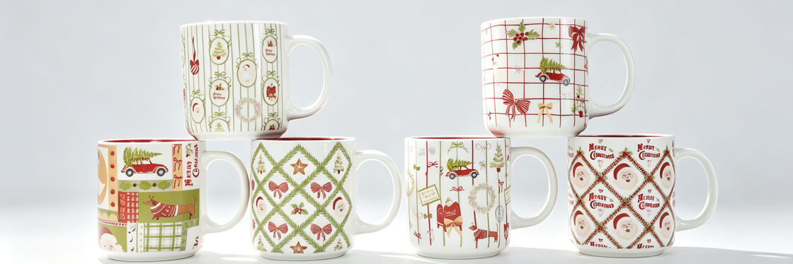 6 Pack Vintage Farmhouse Christmas Ceramic Mugs, Retro Santa Truck Dachshund Holiday Coffee Cups, Red Interior Xmas Drinkware Set