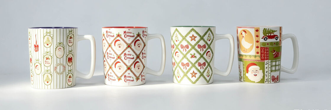 4 Pack Vintage Farmhouse Christmas Ceramic Mugs, Retro Santa Goose Dachshund Holiday Coffee Cups, Multi Rim Color Xmas Drinkware Gift Set