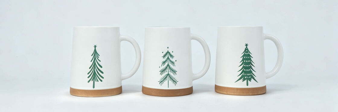 3 Pack Minimalist Christmas Tree Ceramic Mugs, Rustic Terracotta Bottom Winter Coffee Cups, Simple Green Pine Tree Holiday Drinkware Gift Set