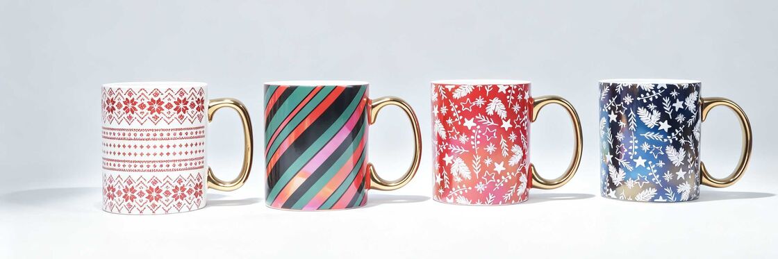 4 Pack Festive Christmas Ceramic Mugs with Gold Handles, Xmas Sweater Stripe Snowflake Star Winter Coffee Cup Gift Set