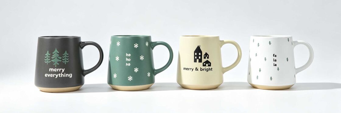 4 Pack Matte Earth Tone Christmas Mugs, Minimal Neutral Xmas Tree Snow House Coffee Cups, Rustic Clay Bottom Holiday Drinkware Gift Set