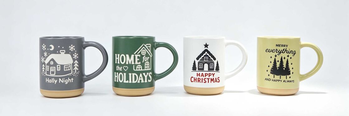 4 Pack Matte Christmas House Ceramic Mugs, Rustic Clay Bottom Winter Cabin Coffee Cups, Farmhouse Holiday Home Themed Drinkware Gift Set