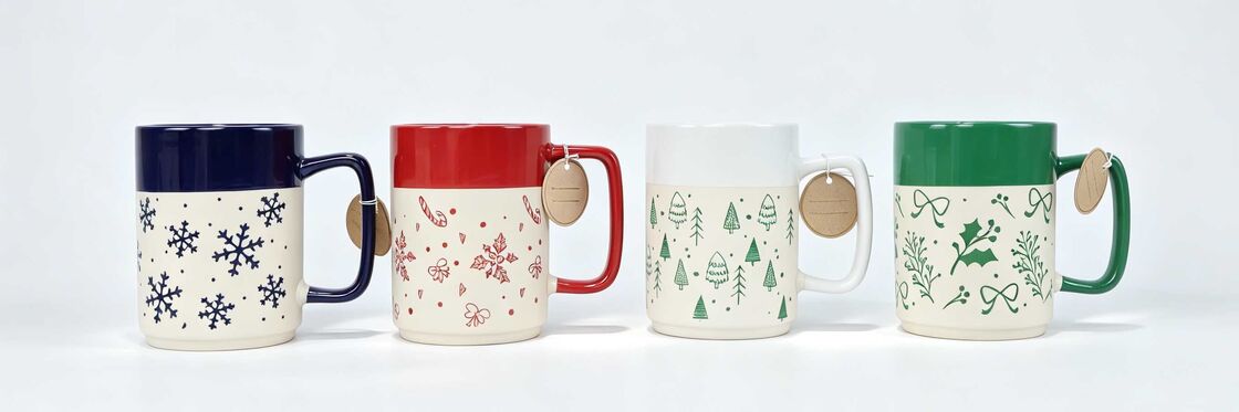 4 Pack Matte Christmas House Ceramic Mugs, Rustic Clay Bottom Winter Cabin Coffee Cups, Farmhouse Holiday Home Themed Drinkware Gift Set