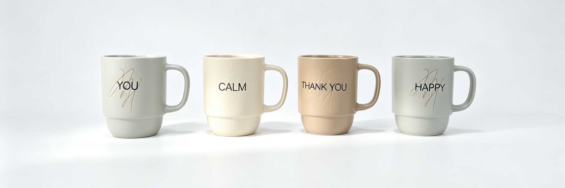 4 Pack Matte Neutral Inspirational Word Ceramic Mugs, Stackable Positive Quote Coffee Cups, Minimalist Aesthetic Thank You Calm Happy You Drinkware Gift Set