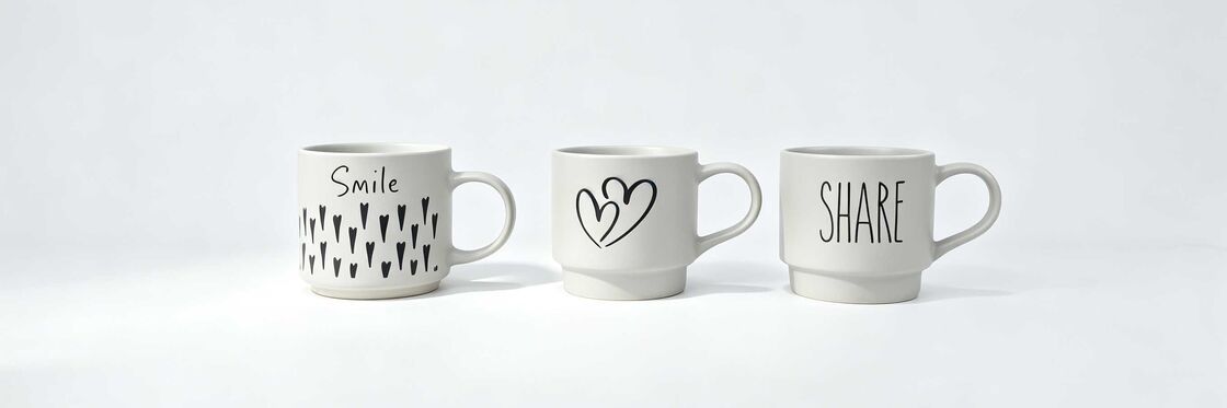 3 Pack Off White Stackable Ceramic Coffee Mugs, Simple Black Line Drawing Smile Heart Share Inspirational Quote Cups, Neutral Minimalist Gift Drinkware