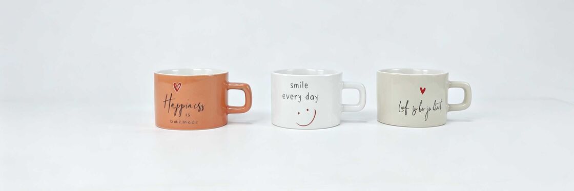 3 Pack Short Wide Glossy Coffee Mugs, Cute Positive Slogan Red Heart Smiley Face Ceramic Cups, Cute Square Handle Aesthetic Gift Mugs for Coffee Tea