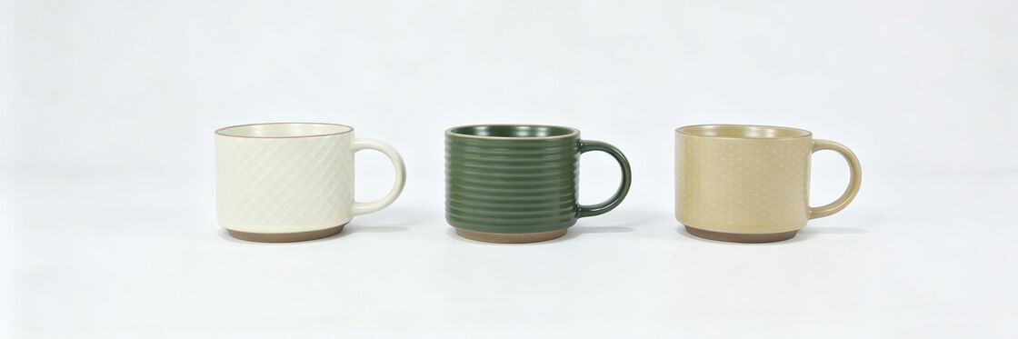 3 Pack Embossed Textured Short Wide Ceramic Coffee Mugs, Neutral Earth Tone Ribbed Diamond Dot Pattern Mugs, Wabi-Sabi Farmhouse Tea Cups with Raw Clay Base