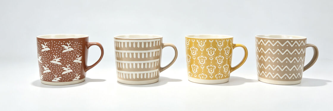 4 Pack Neutral Boho Tribal Print Ceramic Coffee Mugs, Earth Tone White Floral Geometric Pattern Tea Cups, Farmhouse Bohemian Decor Mugs for Daily Use & Gifts