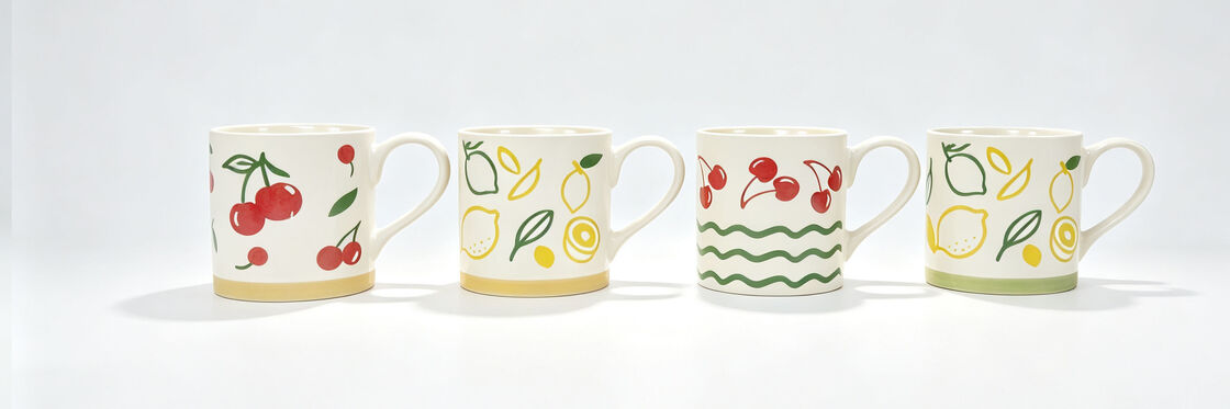 4 Pack Hand Drawn Cherry Lemon Fruit Ceramic Coffee Mugs, Cream White Summer Fruit Pattern Tea Cups, Cute Pastel Base Drinkware for Kitchen Decor & Gifts