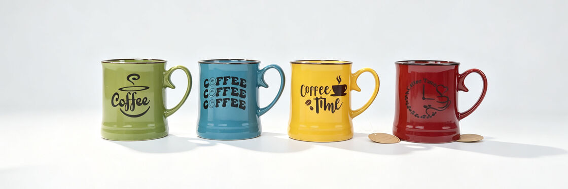 4 Pack Bright Solid Color Coffee Theme Ceramic Mugs, Retro Dark Rim Coffee Cup with Unique Heart Handle, Cute Coffee Quote Tea Mugs for Coffee Lovers Gift