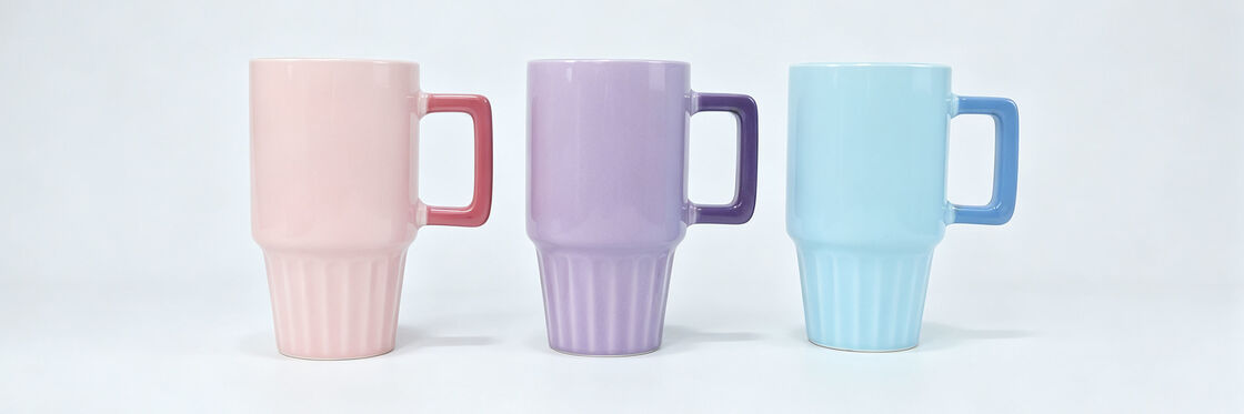 3 Pack Pastel Two-Tone Square Handle Tall Coffee Mugs, Vertical Fluted Base Stackable Ceramic Tea Cups, Cute Macaron Color Drinkware for Home Office Holiday Gift