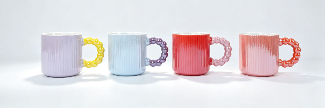 4 Pack Vertical Ribbed Ceramic Coffee Mugs, Cute Bubble Bead Ring Handle Tea Cups, Gradient Solid Color Drink Cups for Desk Decor & Holiday Gift
