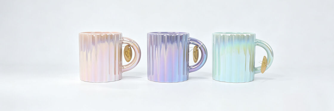 3 Pack Pearlescent Rainbow Fluted Ceramic Coffee Mugs, Gradient Iridescent Vertical Striped Tea Cups with Round Handle, Aesthetic Decor Drinkware for Home Desk & Gift