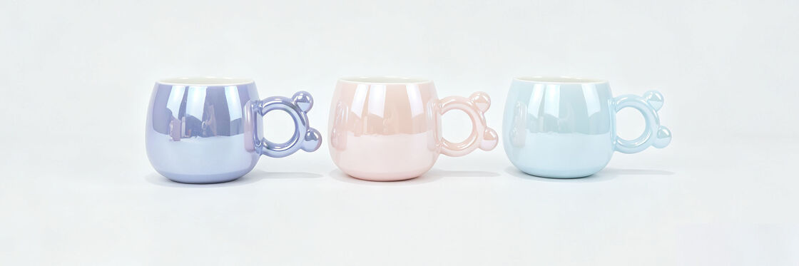 3 Pack Pastel Pearlescent Bear Ear Handle Ceramic Mugs, Glossy Round Belly Coffee Tea Cups, Kawaii Aesthetic Drinkware for Office Desk & Gift
