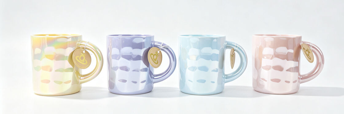 Pastel Iridescent Hammered Texture Ceramic Mugs, Large Chunky Round Handle Coffee Cups, Shiny Rainbow Glaze Water Mugs for Coffee Tea Milk, Aesthetic Home Decor Gift Mugs
