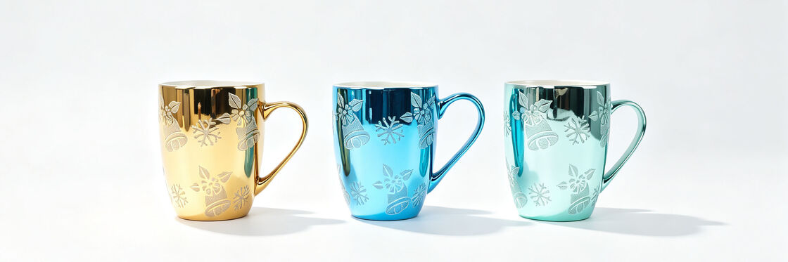 Metallic Mirror Christmas Ceramic Mugs with White Snowflake Bell Pattern, Electroplated Gold Blue Mint Coffee Tea Cups, Holiday Winter Decor Drinking Mugs, Xmas Gift Mugs for Family