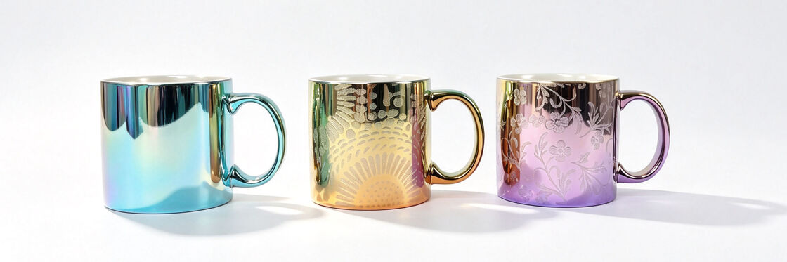 Holographic Iridescent Mirror Ceramic Mugs with White Etched Pattern, Electroplated Rainbow Pastel Coffee Cups, Floral Sunburst Decorative Tea Mugs, Luxury Aesthetic Gift Mugs for Women