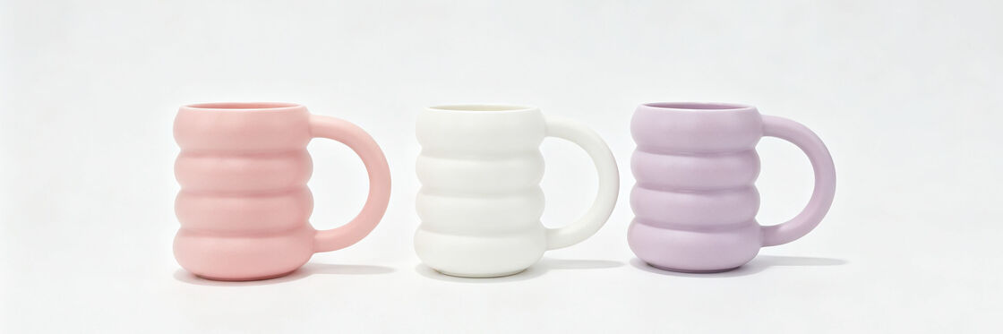 Cute 4-Ribbed Bubble Wave Ceramic Mugs, Matte Pastel Aesthetic Coffee Cups, Large Round Handle Cloud Textured Tea Mugs, Kawaii Decorative Drinkware Gift for Girls