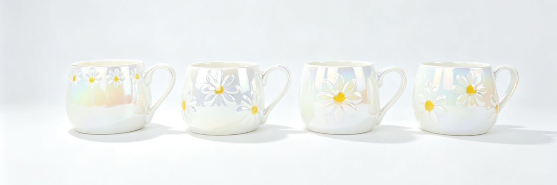Pearlescent Iridescent Embossed Daisy Ceramic Mugs, Rainbow Luster Floral Coffee Cups, Round Belly Cute Daisy Tea Mugs, Aesthetic Spring Floral Drinkware Gift for Women