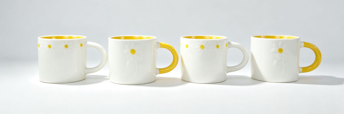 White & Yellow Two-Tone Embossed Daisy Coffee Mugs, Matte Relief Floral Tea Cups, Bright Yellow Interior & Handle Cute Daisy Mugs, Spring Floral Drinkware Gift Set for Home Kitchen