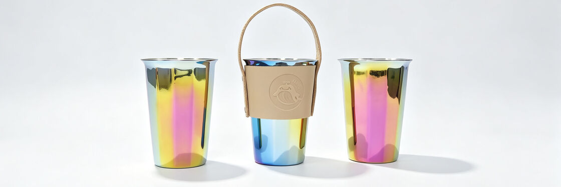 Holographic Rainbow Stainless Steel Water Cup, Portable Leather Handle Sleeve Travel Mug, Mirror Electroplated Color Changing Metal Tumbler, Reusable Coffee Beer Cup for Outdoor Camping