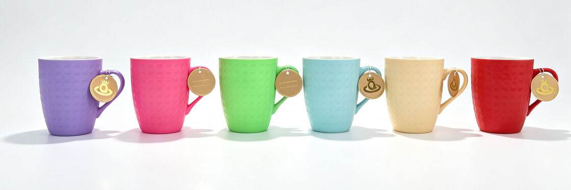 Pastel Embossed Grid Ceramic Coffee Mugs Set, Solid Color Textured Tea Cups with Brand Hang Tag, Multicolor Porcelain Drinking Mugs for Home Office Daily Use, Gift for Women Friends