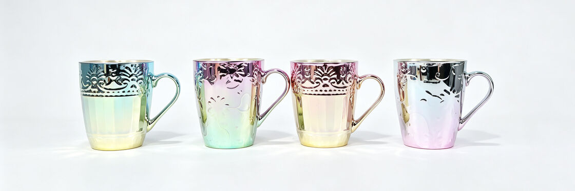 Iridescent Metallic Electroplated Ceramic Coffee Mugs, Vintage Embossed Floral Pattern Shiny Rainbow Gradient Tea Cups, Decorative Porcelain Drinking Mugs for Home Tabletop & Gift Giving