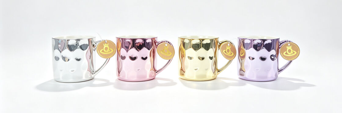 Metallic Electroplated Heart Embossed Ceramic Coffee Mugs, Mirror Shiny Hammered Textured Tea Cups with Crown Logo Hang Tag, Cute Love Pattern Porcelain Mugs for Gift & Home Decor