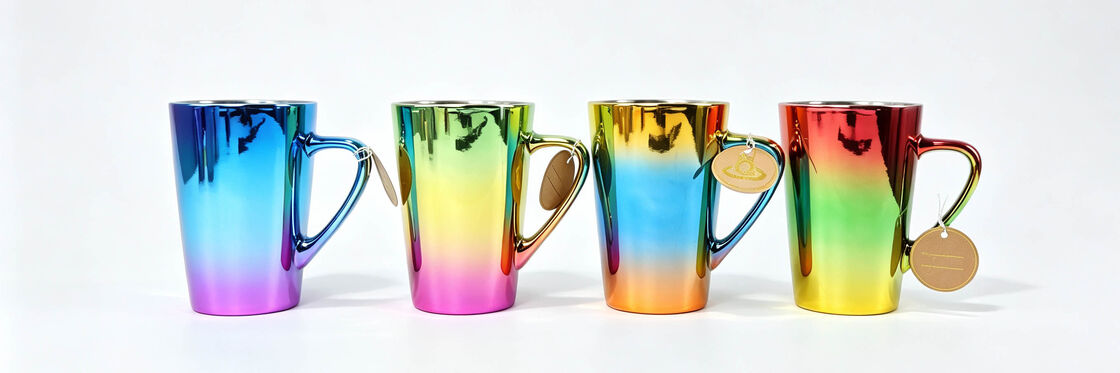 Full Iridescent Rainbow Gradient Electroplated Ceramic Coffee Mugs, Mirror Shiny Metallic Rainbow Color Tea Cups with Kraft Hang Tag, Aesthetic Color-Shifting Porcelain Mugs for Decor & Holiday Gift