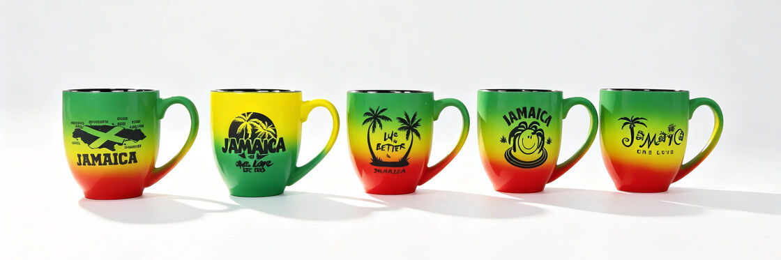 amaica Rasta Gradient Ceramic Coffee Mugs, Green Yellow Red Reggae Themed Souvenir Tea Cups with Palm Tree One Love Graphic, Caribbean Travel Gift Porcelain Mugs