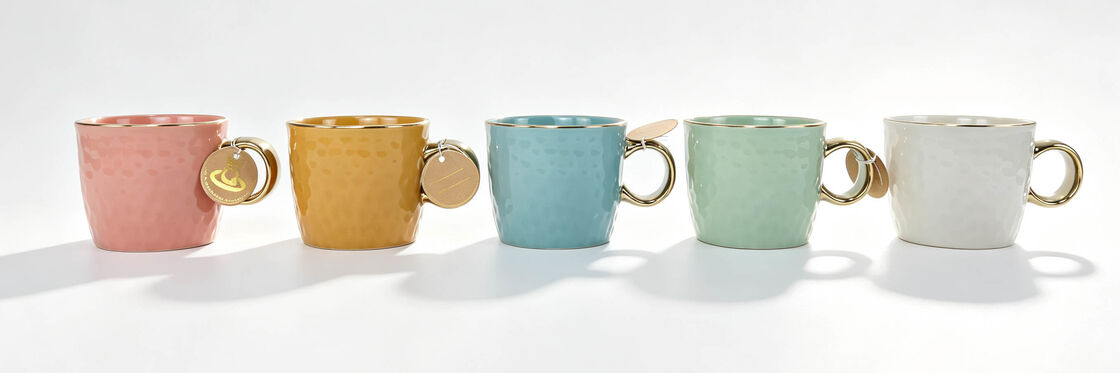 Hammered Textured Ceramic Coffee Mugs with Gold Rim & Gold Handle, Pastel Color Block Tea Cups Set, Minimalist Glossy Porcelain Mugs for Home Decor & Gift