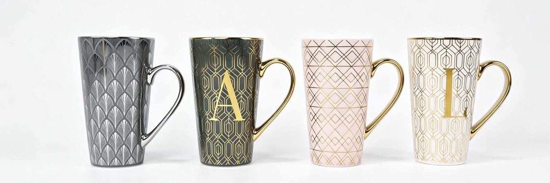 Art Deco Gold Geometric Monogram Ceramic Mugs, Tall Metallic Trim Coffee Cups, Luxury Initial Letter Porcelain Tea Mugs for Gift & Office Decor