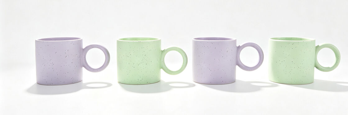 Speckled Ceramic Mugs with Large Circle Loop Handle, Pastel Short Wide Coffee Cups, Matte Speck Porcelain Tea Mug Set for Kitchen Decor & Gift