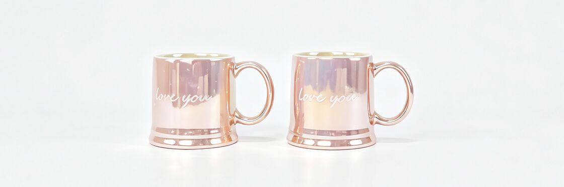 Metallic Rose Gold Ceramic Mugs Set of 2, Cursive "love you" Couple Coffee Mugs, Shiny Electroplated Valentines Tea Cups Romantic Gift for Her Him
