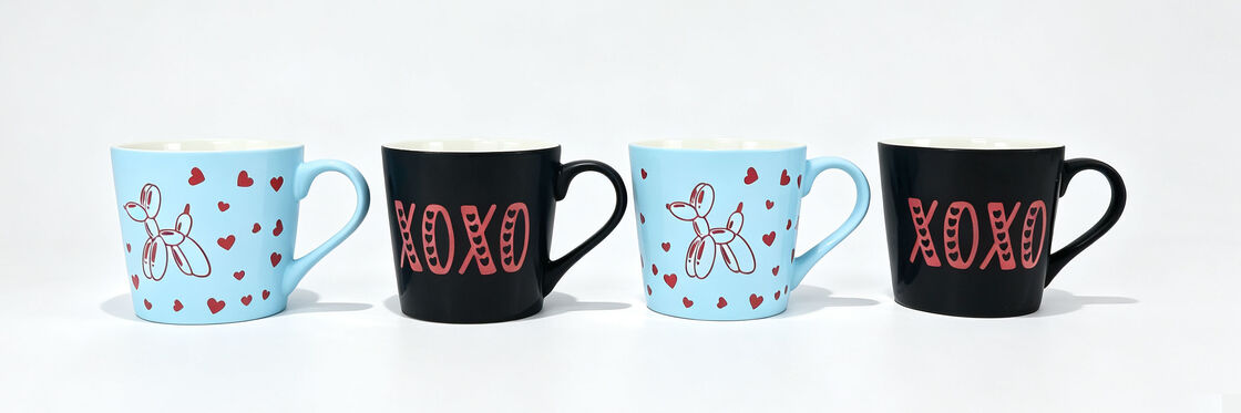 Valentine Couple Ceramic Mug Set of 4, XOXO & Balloon Dog Heart Print Coffee Cups, Light Blue Black Matching Love Mugs for Anniversary Gift