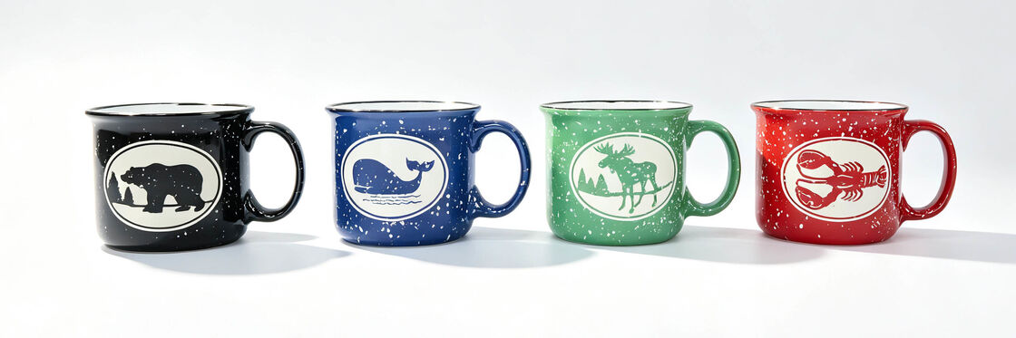 4 Pack Speckled Camping Mugs, Rustic Wildlife Animal Ceramic Camp Cups with Bear, Whale, Moose, Lobster Print, Outdoor Adventure Cabin Coffee Mugs Set