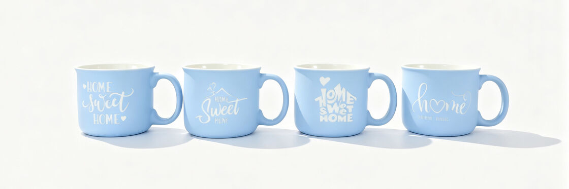 Set of 4 Light Blue Home Sweet Home Ceramic Mugs, Four Unique White Script Heart & House Letter Print Coffee Cups, Farmhouse Cozy Home Decor Tea Mugs for Housewarming Gift