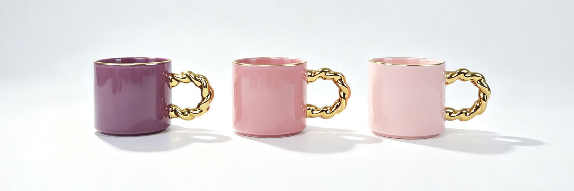 Luxury Chain Gold Handle Ceramic Mugs Set of 3, Gloss Pastel Purple Pink Coffee Cups with Golden Rim, Elegant Aesthetic Decor Tea Mugs for Gift & Home Table Decor