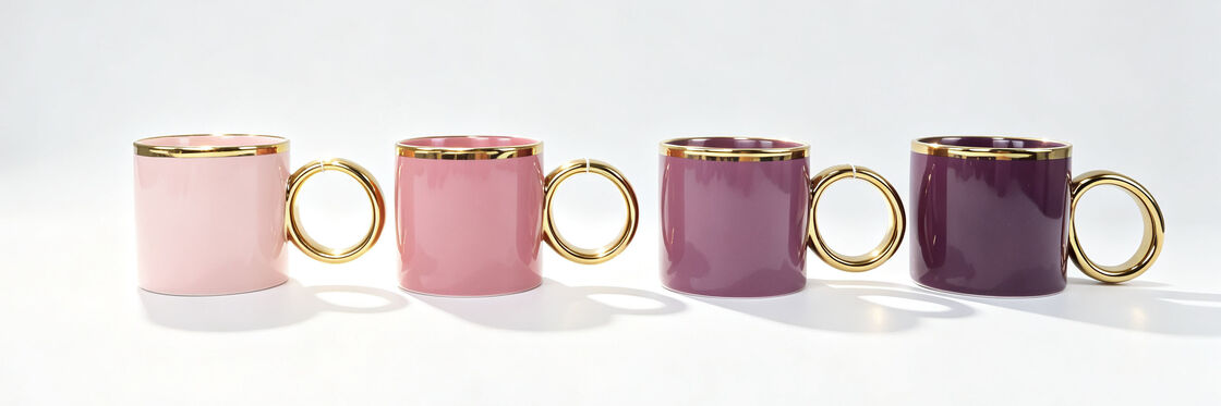 4 Pack Gloss Pastel Ceramic Mugs with Large Round Gold Ring Handle & Gold Rim, Blush Pink Dusty Pink Lavender Purple Luxury Coffee Tea Cups, Aesthetic Decor Drinkware Gift for Women