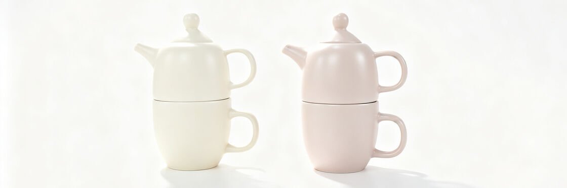 2 Sets Stackable Ceramic Teapot & Mug Combo, Minimalist Matte Cream White Blush Pink One Person Tea Cup Set, Modern Simple Porcelain Tea Maker Gift for Home Office