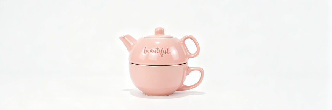 Stackable Pink Ceramic Tea for One Set, Embossed "beautiful" Single Serve Teapot & Matching Mug Combo, Glossy Cute Mini Porcelain Tea Maker Gift for Women
