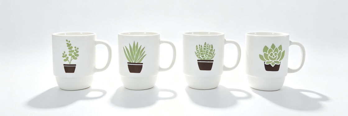 4 Pack Succulent Plant Ceramic Mugs, Minimalist White Stackable Coffee Cups with 4 Unique Houseplant Prints, Plant Lover Tea Mug Set for Home Decor & Gifts