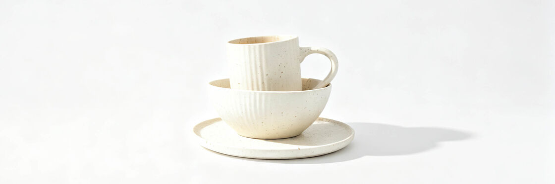 Speckled Ribbed Ceramic Breakfast Set for One, Vertical Fluted Textured Mug Bowl Plate Combo, Cream Speckle Stoneware Tea & Cereal Serving Set, Wabi Sabi Minimalist Table Decor Gift