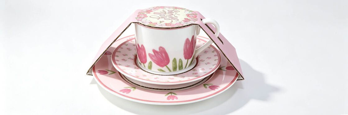 Pink Tulip Floral Tea Cup Saucer Plate Gift Set with Hello Spring Floral Paper Sleeve, Watercolor Tulip Porcelain Single Serving Afternoon Tea Tableware, Spring Floral Ready-to-Gift Coffee Set